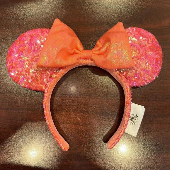 Disney Parks Coral Orange Sequined Iridescent Minnie Mouse Ears Headband